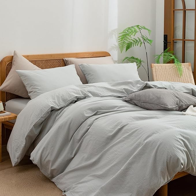 BESTOUCH Duvet Cover Set 100% Washed Cotton Linen Feel Super Soft Comfortable Chic Lightweight 3 PCs Home Bedding Set Solid Northern Droplet Grey Super King
