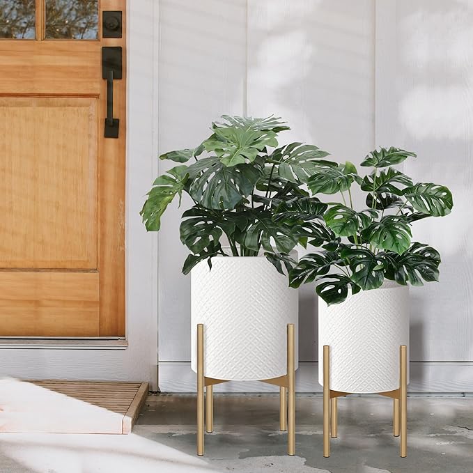 Oakrain Mid Century Planters for Indoor Plants, Metal Plant Set of 2, Modern Decorative Plant Pots for Living Room, Garden, Balcony, White Planters with Glod Plant Stands, 10 inch & 12 inch