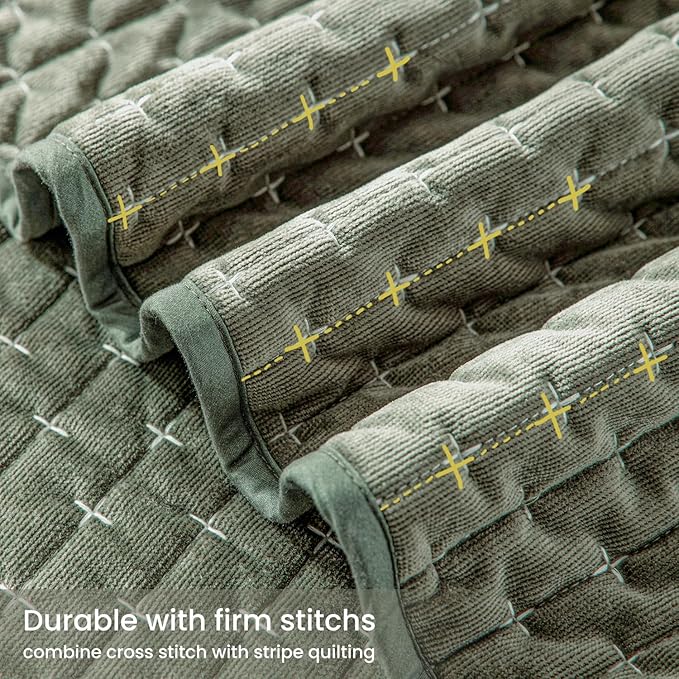 Velvet Quilt Queen Size,Luxurious Cross Stitch Old World Look Quilted Velvet Comforter Bedspread Coverlet with Brushed Back,Ultra Soft Cozy Warm for All Season,Grayish Green,Queen