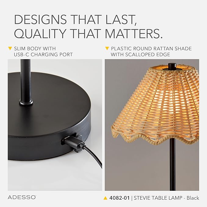 Adesso Cordless Table Lamp with 3-Level Touch Dimmer & Built-in Rechargeable Battery – 15" Tall Touch Lamp, Black Finish