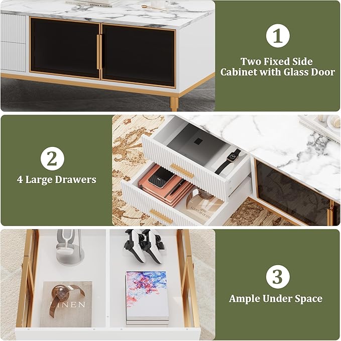 Coffee Table, White Center Table for Living Room, Modern Large Coffee Tables with Storage 4 Drawers & 2 Glass Door Storage, Faux Marble Top, Gold Metal Leg, Hidden Compartment for Reception Room