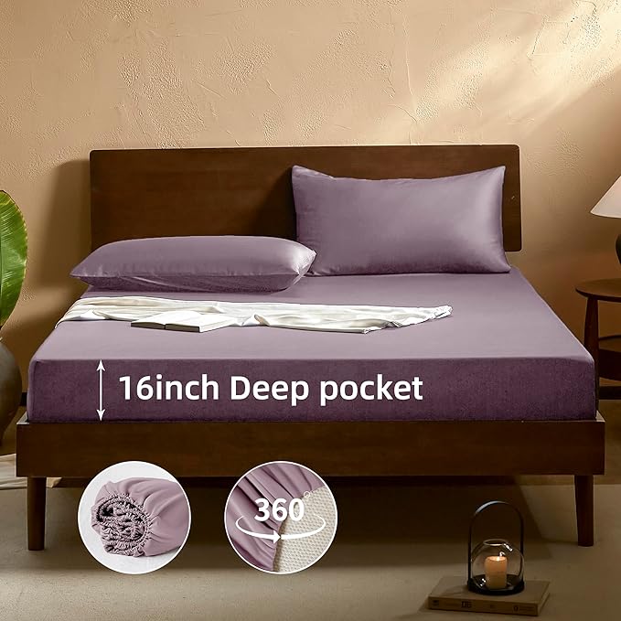 EVERLY California King Sheets Set,Luxuriously 400 Thread Count Organic Viscose Derived from Bamboo Bed Sheet,Cooling Sheets for California King Size 4 Piece Deep Pockets Bedding Sheets-Purple