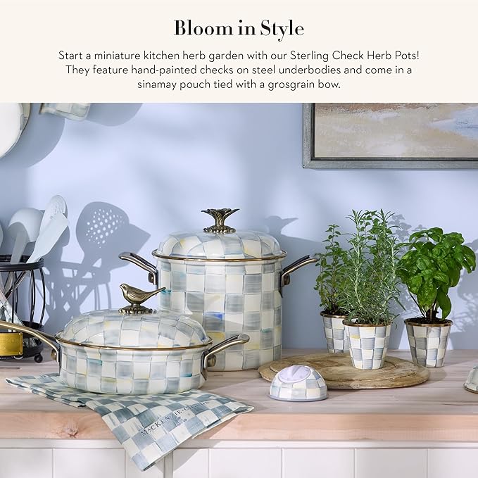 MACKENZIE-CHILDS Enamel Herb Pots, Small Plant Pots for Herbs or Flowers, Set of 3, Gray-and-White Sterling Check