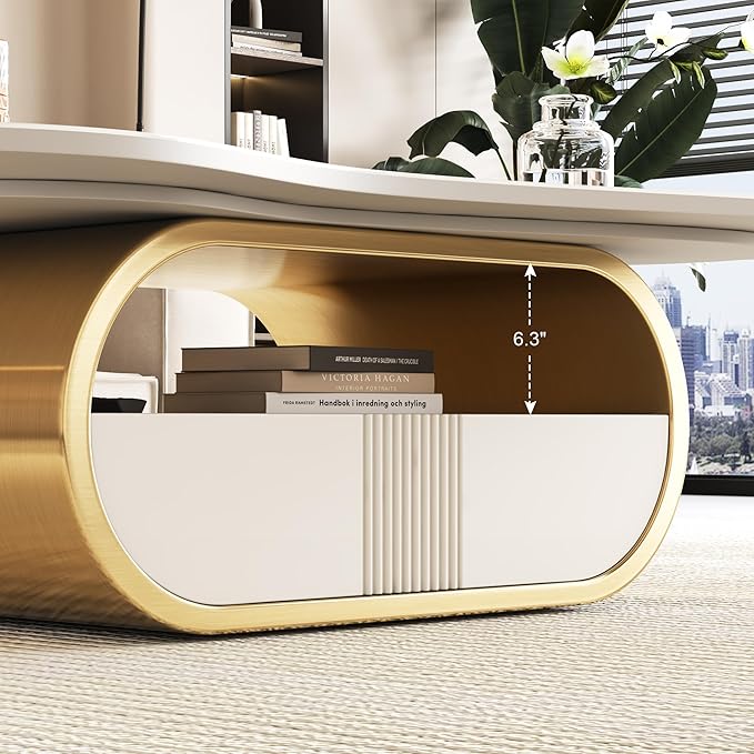 41.7" Marble Coffee Table with Storage Shelf & Drawer, Modern White Gold Coffee Tables for Living Room,Sturdy Stainless Steel Base, Sintered Stone Tabletop, Irregular Tea Cocktail Center Table