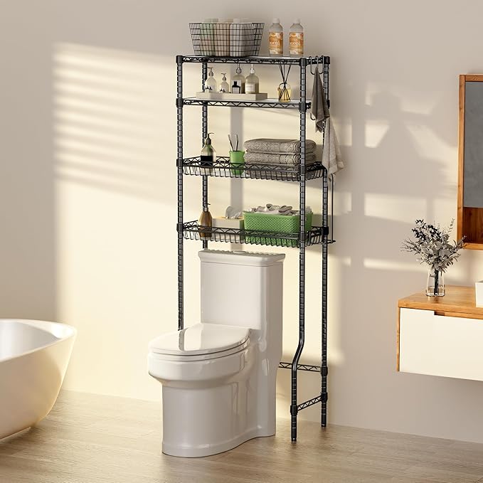 4-Tier Over The Toilet Storage, Bathroom Shelves with 6 Hooks, Metal Over Toilet Organizer with Adjustable Shelf and Basket, Freestanding Rack Space Saver for Bathroom, Laundry, Black