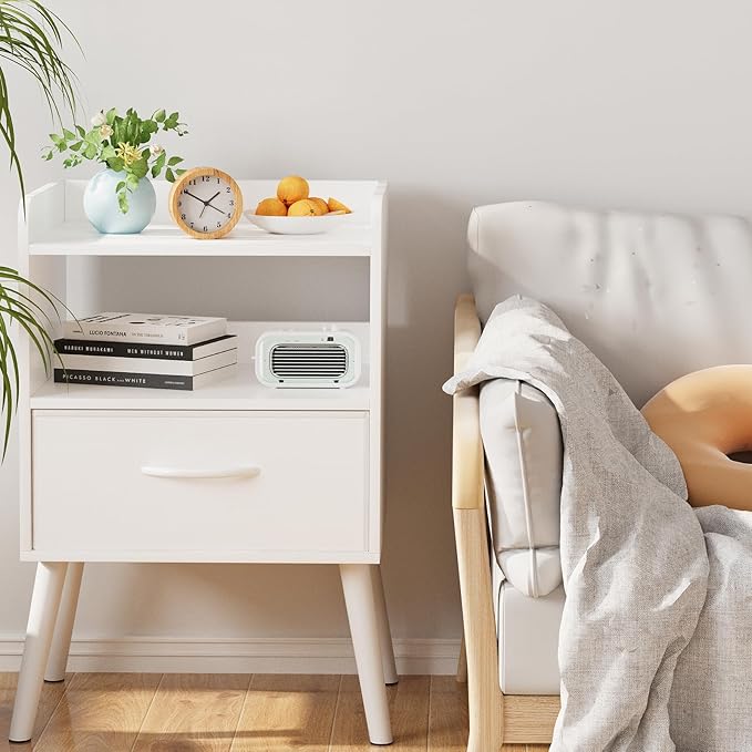 Narrow Nightstand with Open Shelf,Small Night Stand Bedroom Bedside Tables with Fabric Drawer Storage,Side Table End Table with Solid Wood Feet,Mid Century Night Stands for Home Sofa Couch(White)