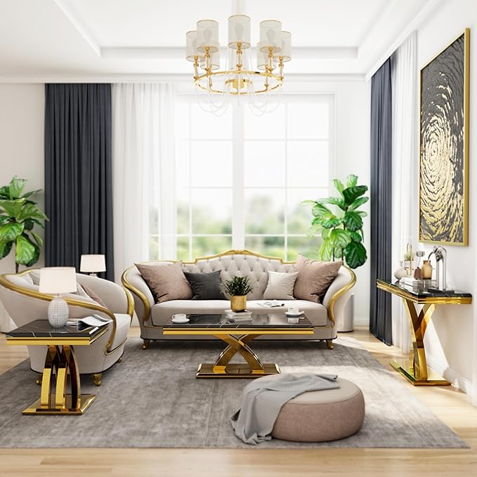 AUZ 48“ Black and Gold Coffee Table for Living Room, Guest Hall, Luxury Rectangle Center Table with Polished Metal Base