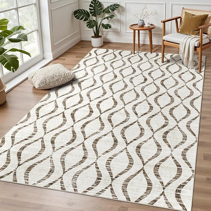 WITSHOCK 5x8 Brown Moroccan Trellis Living Room Rug - Boho Modern Geometric - Washable Non-Slip Thin Indoor Rug for Bedroom Under Dining Table, Soft Low Pile Carpet for Nursery, Kid & Pet Friendly