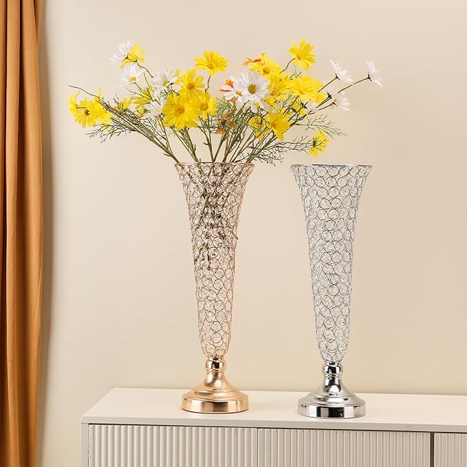 2 Pcs Crystal Trumpet Vases for Centerpieces, 20" Metal Floral Vase Centerpieces for Wedding Table Celebration, Wedding Flower Vase for Party Anniversary Birthday Home Décor