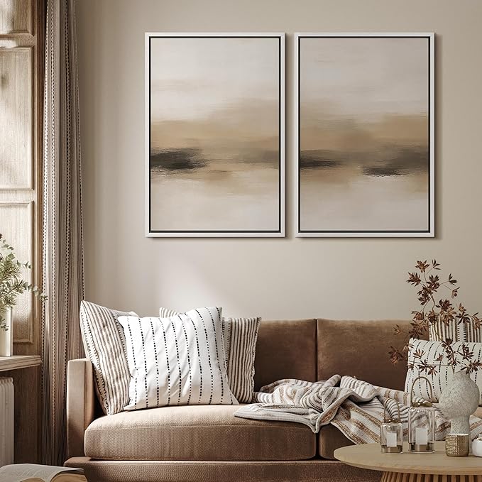 MUDECOR Framed Canvas Print Wall Art Abstract Neutral Beige Contemporary Minimalist Landscape Illustrations Modern Art Decorative Bohemian Colorful for Living Room, Bedroom, Office - 16"x24"x2 White