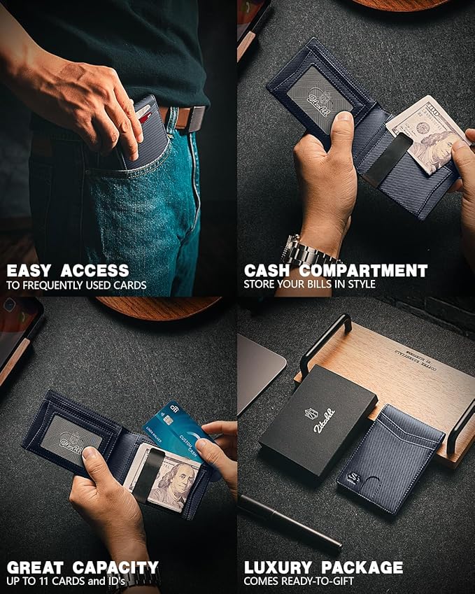 Zitahli Slim Wallet for Men Gifts 12 Card Slots ID Window With Money Clip Minimalist RFID Front Pocket Bifold Leather Small Thin Gift Box Dad Birthday Christmas Regalos Hombres