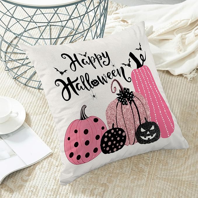 Halloween Pillow Covers 18x18 inches Set of 2 Pink Black Pumpkin Decorative Farmhouse Throw Pillow Covers Outdoor Happy Halloween Decor Farmhouse Linen Cushion Case for Home Sofa Decoration