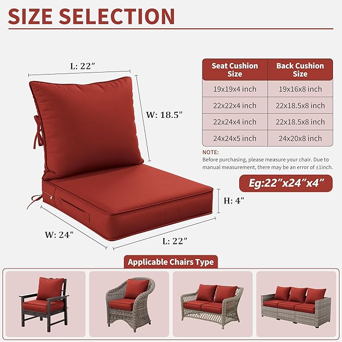 Premium Outdoor Seat Cushion Chair Cushions for Patio Furniture 22 L X 24 W X 4 H Waterproof & Fade Resistant Deep Seat and Backrest Cushion Set with Removable Covers for Chair, Sofa