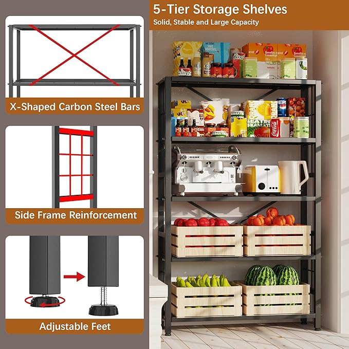 GIOTORENT 5-Wire Heavy-Duty Shelf, Standing Storage Shelves, Metal Shelving Unit Pantry Rack, 1500LB Load Capacity, for Garage Kitchen Organizer (Black)