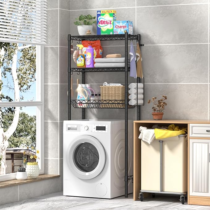 Over The Toilet Storage Shelf, Adjustable Bathroom Organizer with Toilet Paper Holder & 8 Hooks, 3 Tier Sturdy Metal Space Saver for Bathroom/Kitchen, Easy Assembly Above Toilet Shelf, Black
