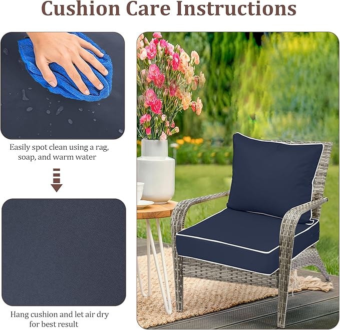 Outdoor Deep Seat Cushions for Patio Furniture Set of 2, Waterproof Outdoor Chair Cushions 24 x 24 x 4'' Patio Furniture Cushion with Fade Resistant Removable Cover, Handle & Straps, Navy+White Pipes