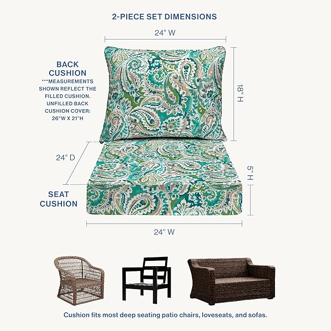 Honeycomb Outdoor Essentials Deep Seat, 24 x 24, Geneva Paisley Turquoise Chair Cushion for Patio Furniture
