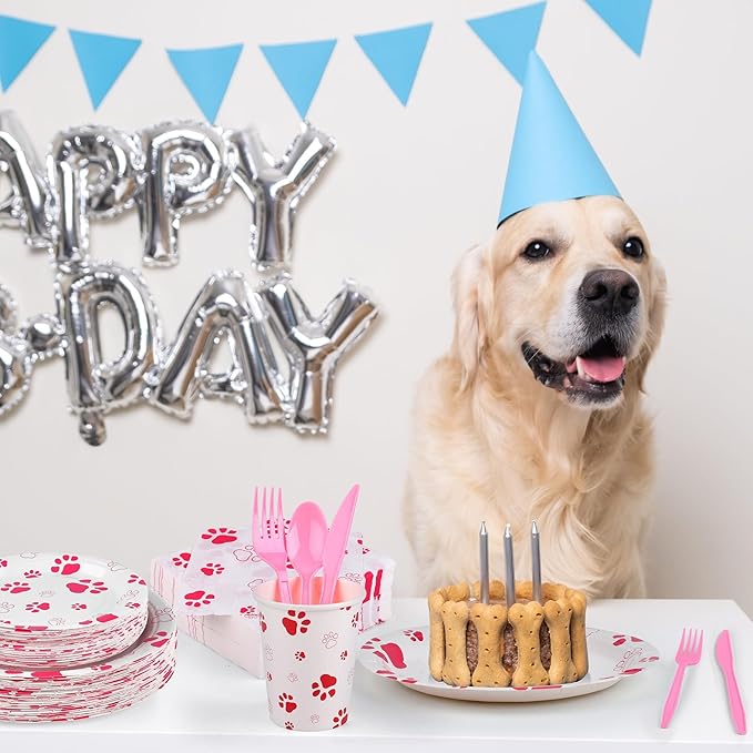 400 Pieces Pink Paw Disposable Party Tableware Sets Dog Puppy Supplies Including Plates Cups Napkins Cutlery Serves 50 for Birthday Puppy Theme Party Decorations