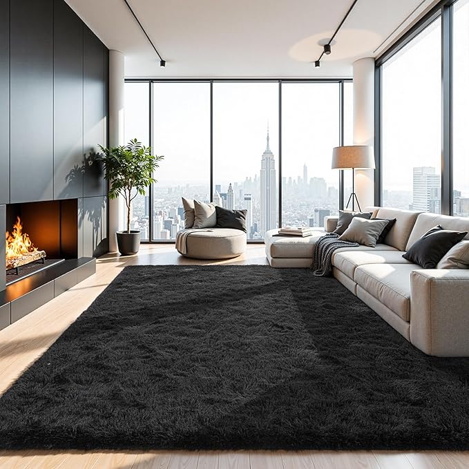 Black Fluffy 8x10 Area Rug for Living Room, Plush Shag Rugs for Bedroom, Large Soft Furry Carpets for Kids Room, Modern Indoor Nursery Carpet for Classroom Dorm Cozy Comfy Home Decor