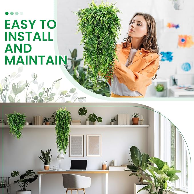 Geosar 104 Pcs Artificial Hanging Plants 32 Inch Hanging Boston Ferns Plastic Fake Plants for Wall Room Garden Wedding Garland Indoor Outdoor Decoration, No Basket