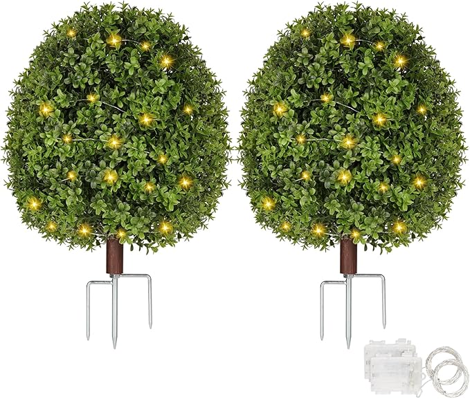 Artificial Boxwood Topiary Trees for Outdoors, 2 Pack Faux Topiary Ball Tree UV Resistant Fake Shrubs Evergreen Bush Plants for Front Porch Garden Yard Balcony Wedding Decor, 2 Led String Light