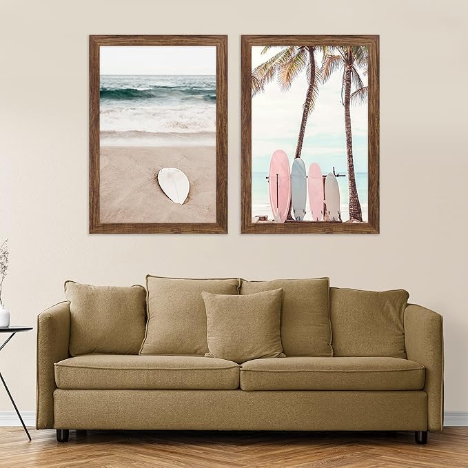 12x18 Frame Set of 2, Rustic Brown Wood Style, Display 12 x 18 Poster without Mat or 8.5x11 Picture with Mat, Wall Mounting Horizontal and Vertical