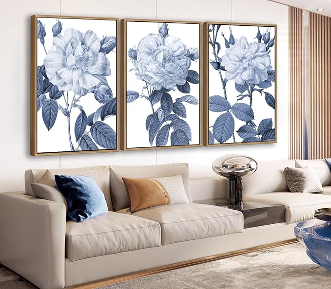 Large Framed Canvas Wall Art - Natural Float Framed Blue Gray Flowers Pictures Decor Rustic Blossom Leaves Botanical Artwork for Living Room Bedroom Kitchen Home Office Decoration 60" X 28" Set of 3
