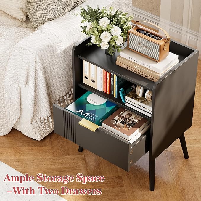 Night Stand Modern End Table with Storage Drawer and Open Shelf, Small Bedside Stand, Wooden Sofa Side Table for Bedroom,Study Room and Small Spaces (Black)