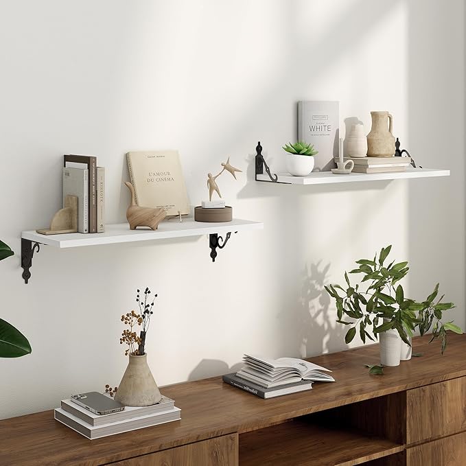 Floating Shelves for Wall, 24"W x 8"D Wall Shelves, 8 Inch Deep Floating Shelf with Bracket, 24 Inch Floating Shelves for Living Room and Bathroom, Display & Storage Shelves, White, Set of 2