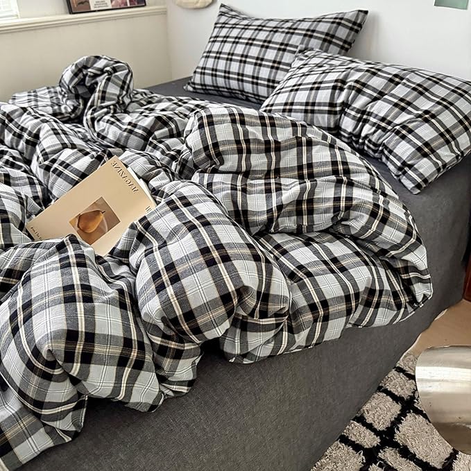 VM VOUGEMARKET Buffalo Gingham Duvet Cover Set Queen,3 Pieces Washed Cotton Bedding Set,Breathable Luxury Plaid Comforter Cover with Zipper Closure for Boys Men(Black&Grey)