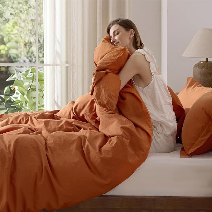 Bedsure 100% Washed Cotton Duvet Cover Queen Size - Burnt Orange Minimalist Duvet Cover Linen Like for All Seasons - GentleSoft™ Plain Simple Bedding, 3 Pieces (Burnt Orange, Queen, 90"x90")
