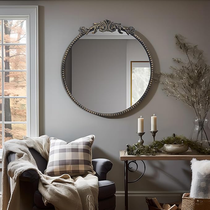 Round Mirror, 24''Baroque Style Circle Mirror Vintage Black Metal Frame Wall Mirrors for Vanity, Bathroom or Bedroom