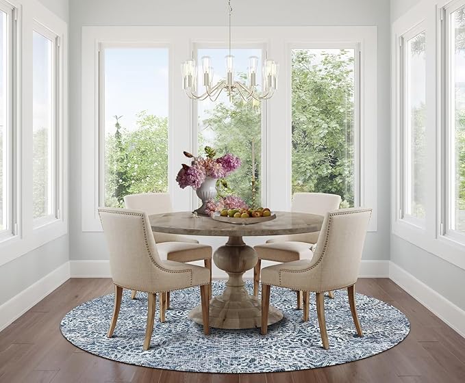 vivorug Round Rug 4ft Vintage-Inspired Round Area Rug Non-Slip Indoor Carpet for Living Room Bedroom Entryway, Stain Resistant Home Decor Circle Rug, Blue Medallion