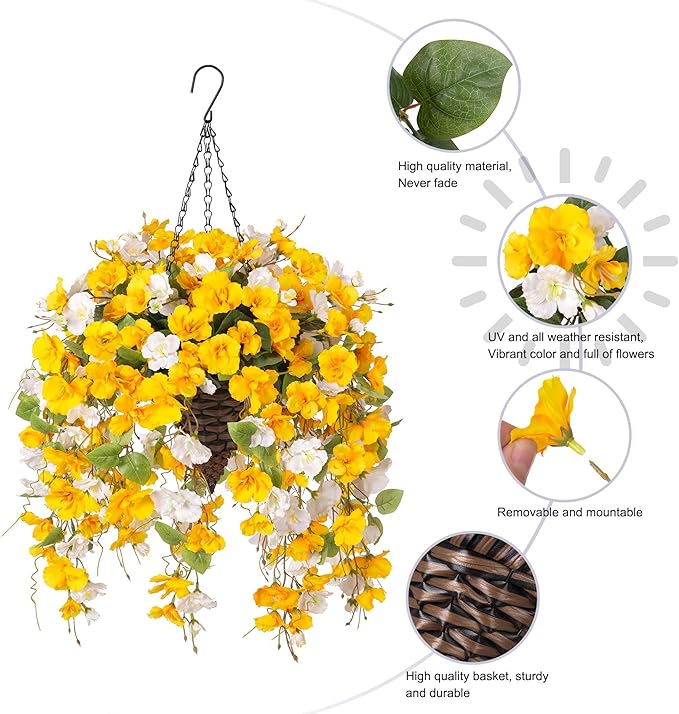 Ivydale Artificial Fake Fall Hanging Flowers Plants Basket for Outdoor Decoration, Fake Hibiscus Vines UV Resistance Look Real Silk Flowers for Home Patio Porch Balcony Garden Yard Wedding, Mix
