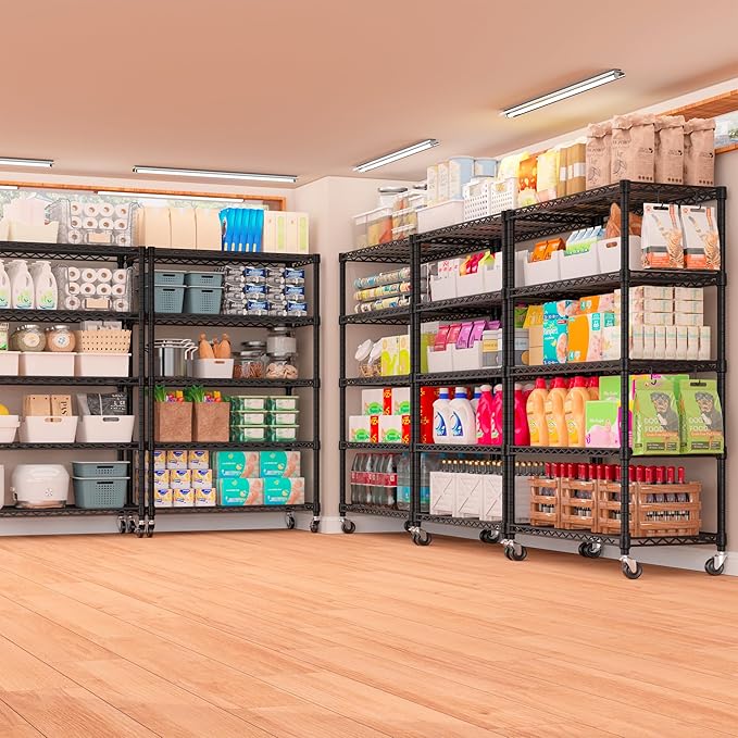 PrimeZone 5 Tier Wire Shelving Rack Storage Shelves with Wheels,Adjustable Rolling Heavy Duty Metal Shelving Unit,Utility Shelf for Kitchen Garage Closet Pantry Laundry 36" W x 14" D x 74" H