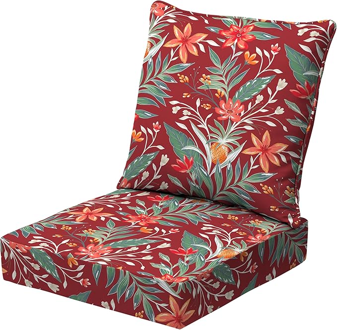 Arden earthFIBER Outdoor Deep Seat Cushion Set, 24 x 24, Rain-Proof, Fade Resistant, Deep Seat Bottom and Back Cushion for Chair, Sofa Luau Red Tropical Floral