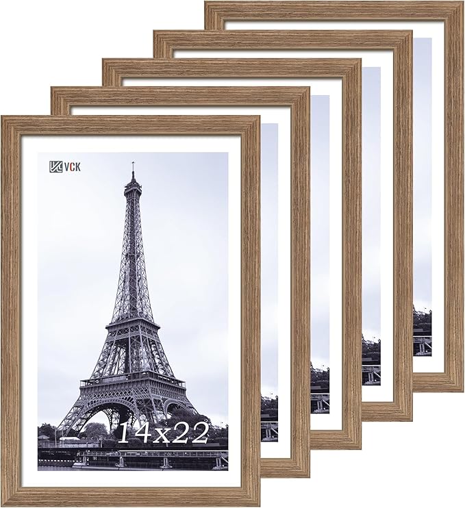 VCK 14x22 Picture Frame 5 Pack - Brown Walnut, Natural Textured Solid Wood Frame, Wall Gallery Frame