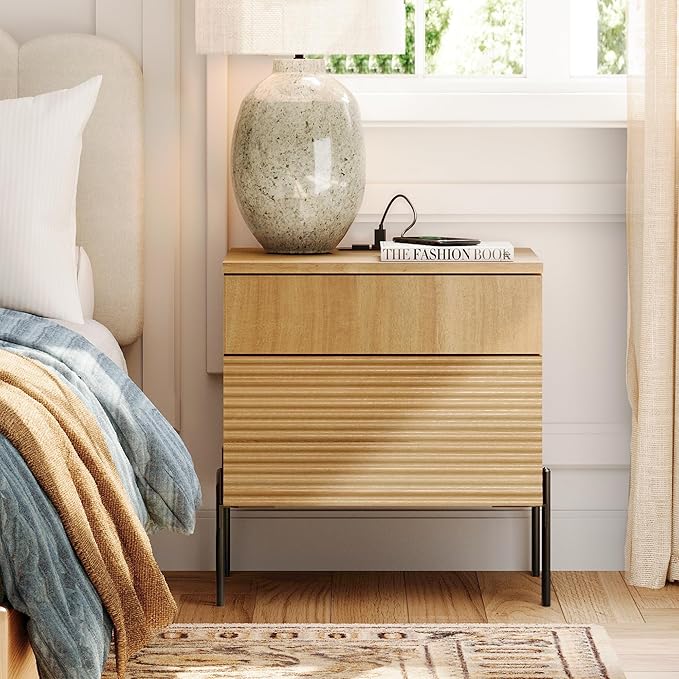 WAMPAT Fluted Nightstand with Charging Station,19.7" Tall Mid Century Modern Night Stands, Wood Side End Table with 2 Drawers, Wood Bedside Table with Metal Legs for Bedroom,Living Room, Oak