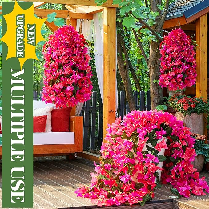 4 Pcs Artificial Faux Bougainvillea Flowers Plants Hanging Flowers Plants for Outdoor Decoration Fake Silk UV Resistant Long Trailing Vines for Front Door Porch Planter Balcony (Purple and Red)