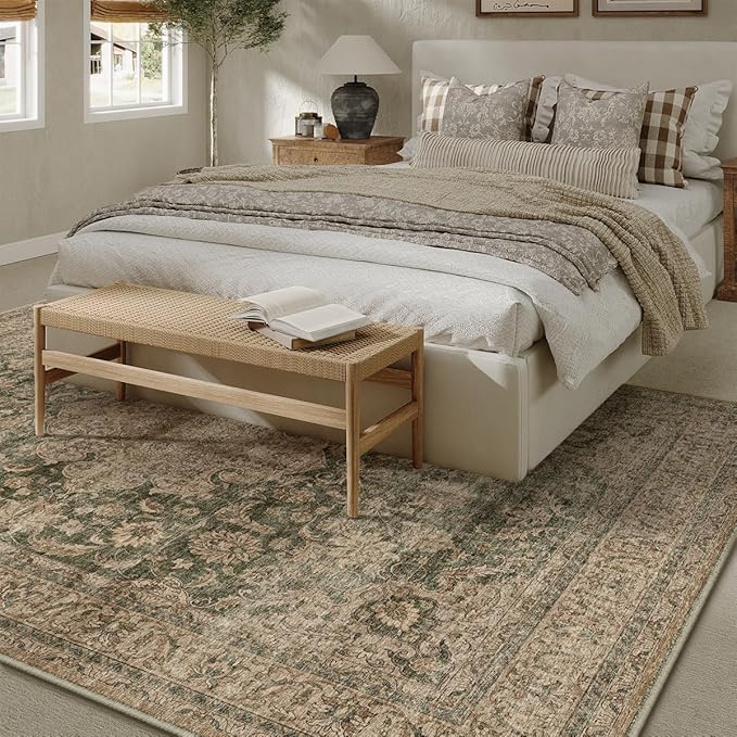 10x14 Green Vintage Area Rug for Living Room Bedroom Large Traditional Low Pile Soft Carpet Non-Slip Thin Retro Distressed Accent Washable Throw Rug for Dining Room Office Kitchen Indoor