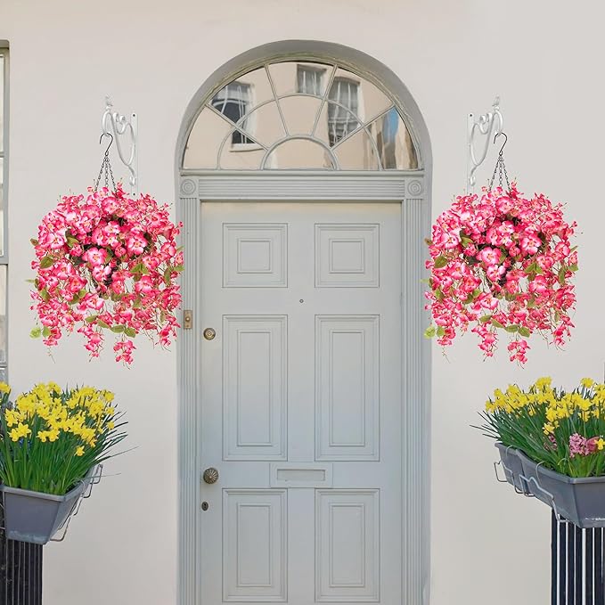 Ivydale Artificial Faux Hanging Flowers Plant Baskets for Outdoors Decoration, Fake Hibiscus UV Resistance Realistic Silk Flower for Outside Home Patio Porch Balcony Garden Wedding (H-Pink, Hibiscus)