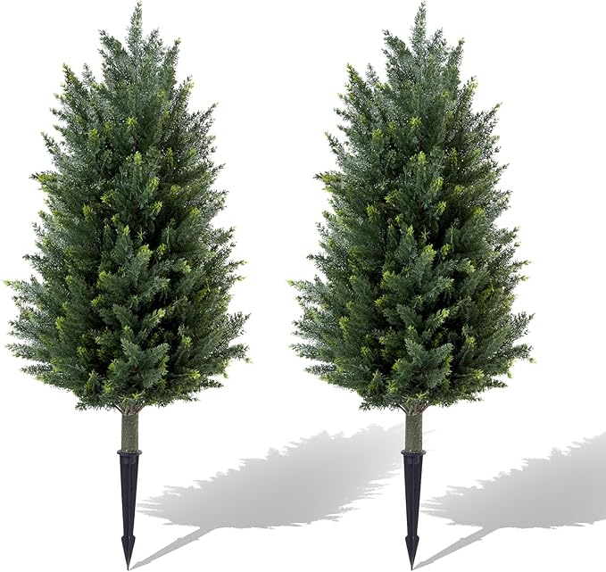 3FT Artificial Cedar Topiary Trees with Ground Spike, UV Resistant Fake Cypress Bushes Artificial Shrubs 2 Pack Faux Cypress Plants for Outdoor Indoor Front Porch Garden