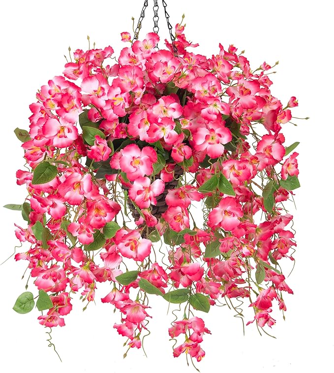 Ivydale Artificial Faux Hanging Flowers Plant Baskets for Outdoors Decoration, Fake Hibiscus UV Resistance Realistic Silk Flower for Outside Home Patio Porch Balcony Garden Wedding (H-Pink, Hibiscus)