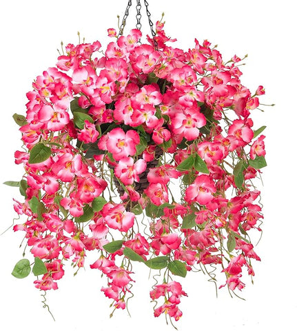 Ivydale Artificial Faux Hanging Flowers Plant Baskets for Outdoors Decoration, Fake Hibiscus UV Resistance Realistic Silk Flower for Outside Home Patio Porch Balcony Garden Wedding (H-Pink, Hibiscus)