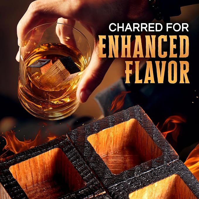 Wooden Bourbon and Whiskey Stones Set | Bourbon Gifts for Men, Real Oak & Charred Like A Whiskey Barrel | Great Whisky Gifts for Husband Dad or Brother for Men Who Have Everything
