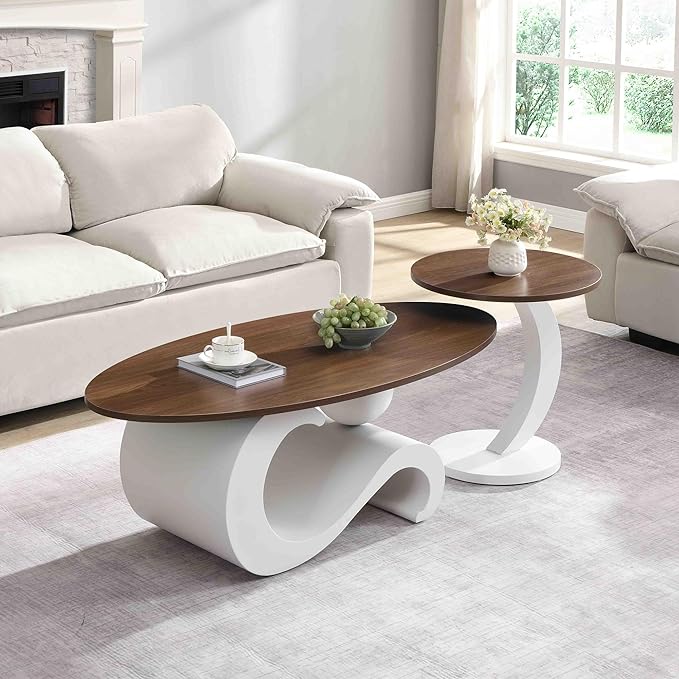 Marble Nesting Coffee Table Set of 2,Modern Oval Center Tea Table and Round Side Nightstand Set w/Wood Tabletop and Metal Frame for Living Room Accent Furniture