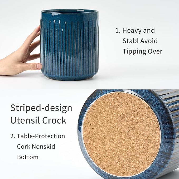 JIEMEI HOME Kitchen Utensil Holder, 7.2" Large Ceramic Stable Utensil Crock for Countertop, Utensil Holder with Cork Mat, Removable Bamboo Divider for Easy, Kitchen Decor, Blue