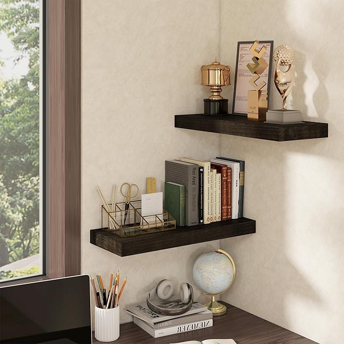 fuqing Floating Shelves for Wall - 24 Inch Wood Wall Shelves Set of 2-24 Inch Wide x 9.3 Inch Deep Natural Floating Wood Shelves with Upgraded Metal Brackets for Room