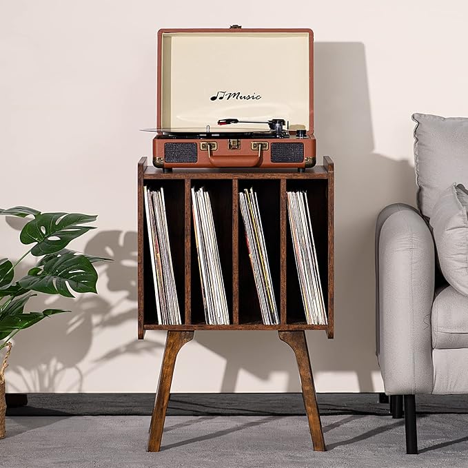 LELELINKY Record Player Stand,Vinyl Record Storage Table with 4 Cabinet Up to 100 Albums,Rustic Brown Mid-Century Turntable Stand with Wood Legs,Vinyl Holder Display Shelf for Bedroom Living Room