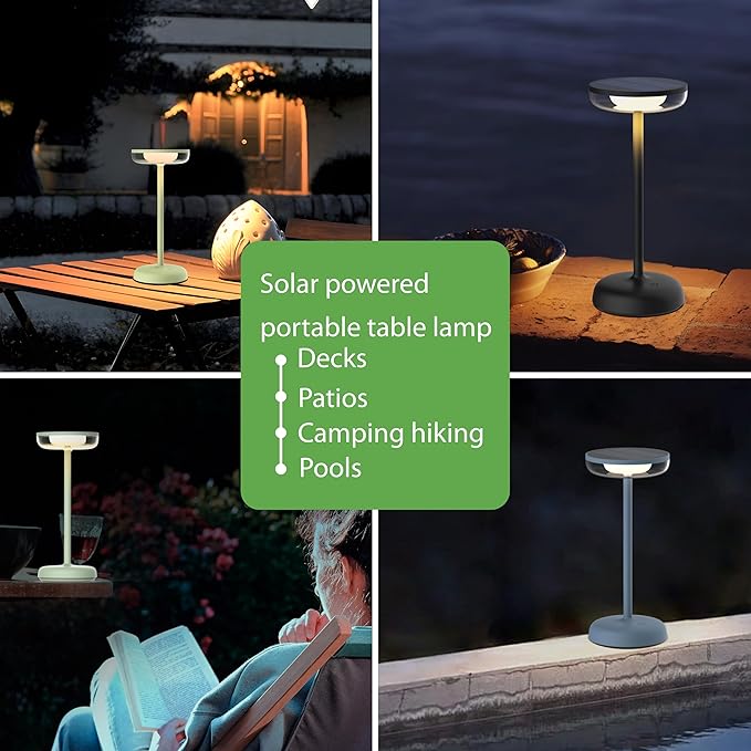 Cocktail Style Solar Table Lamp – Cordless LED Light with USB-C Charging, Dimmable Warm 2700K Glow, Weather Resistant for Indoor/Outdoor Use – Black, 1 Pack